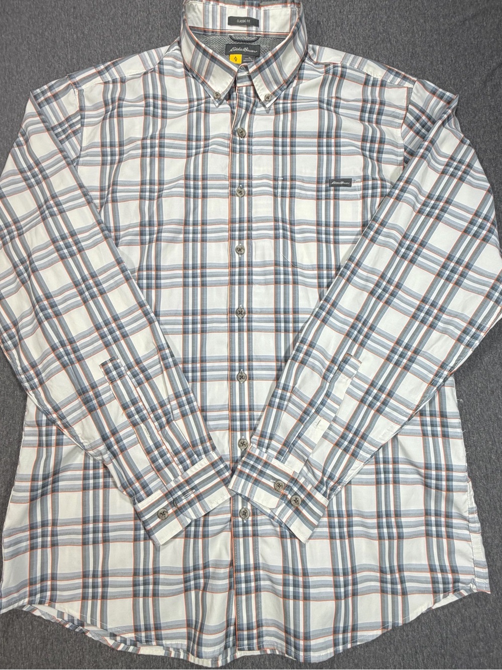 Eddie Bauer Men’s Classic Fit Large Tall White Gray Plaid Long Sleeve Shirt
